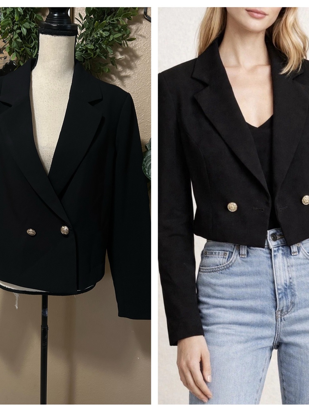 Joie Black Cropped Double Breasted Blazer Jacket Large Gold Button